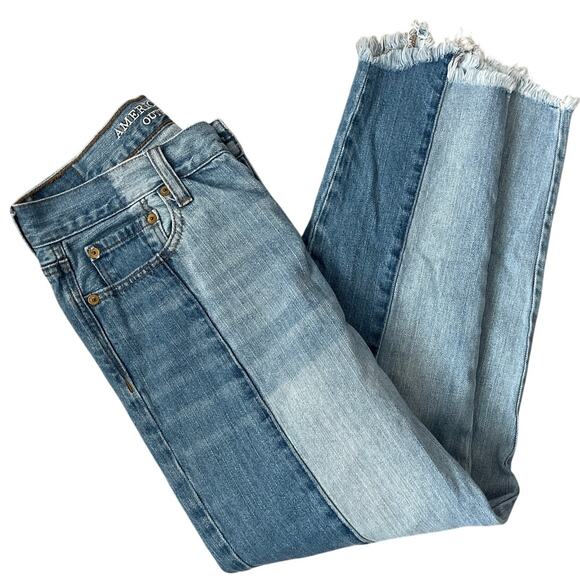 American Eagle Vintage Hi-Rise Two Tone Raw Hem Button Fly Ankle Jeans Size 6 - Picture 7 of 9